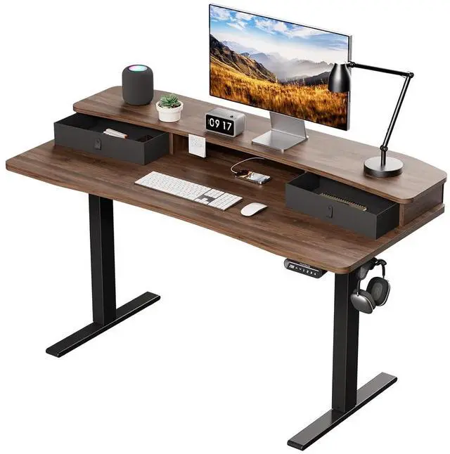 Main image of 55" x 26" Electric Standing Desk with 2 Drawers, C-Clamp Mount Compatible, Height Adjustable Computer Desk, Home Office Stand Up Desk with 4 Preset Heights & 2 Hooks, Walnut