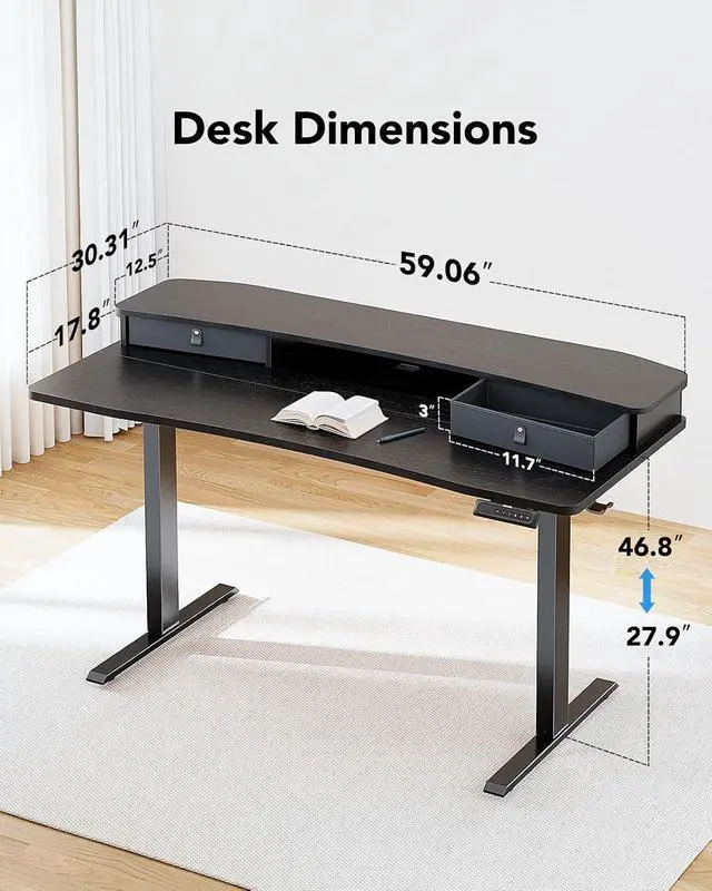 Alt view image 3 of 7 - 60 x 30 Electric Standing Desk with 2 Drawers, C-Clamp Mount Compatible, Height Adjustable Computer Desk, Home Office Stand Up Desk with 4 Preset Heights & 2 Hooks, Black