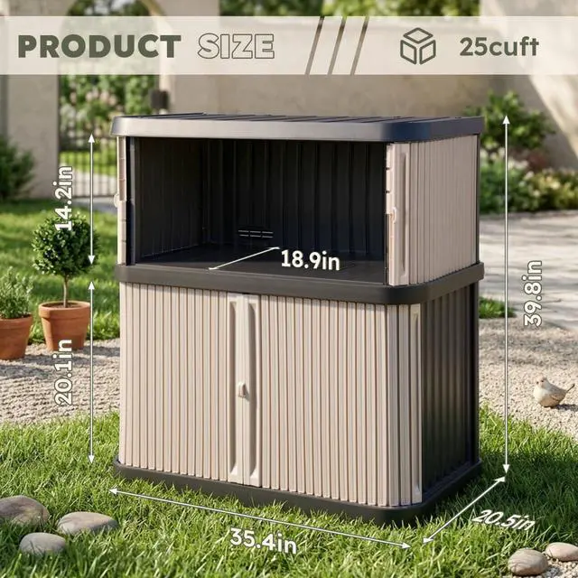 Alt view image 2 of 7 - Outdoor Storage Shed & Cabinet, 2-Tier Large Plastic Storage Shed with Floor, Waterproof, Lockable Tool Shed for Outside Storage in Garden, Patio, Backyard