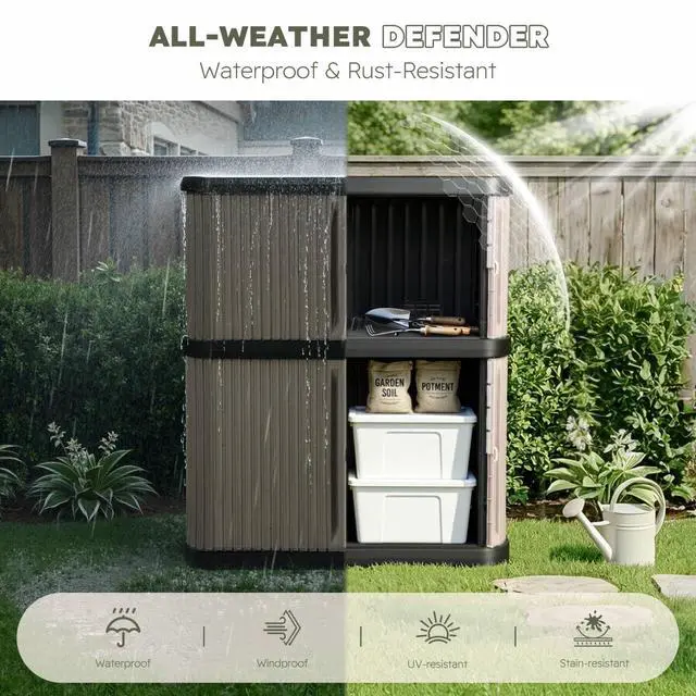 Alt view image 4 of 7 - Outdoor Storage Shed & Cabinet, 2-Tier Large Plastic Storage Shed with Floor, Waterproof, Lockable Tool Shed for Outside Storage in Garden, Patio, Backyard