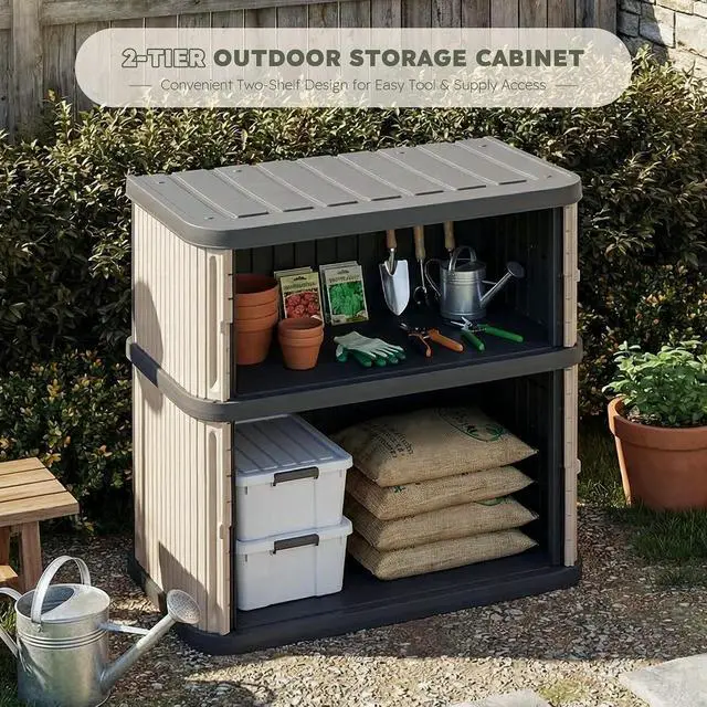 Alt view image 3 of 7 - Outdoor Storage Shed & Cabinet, 2-Tier Large Plastic Storage Shed with Floor, Waterproof, Lockable Tool Shed for Outside Storage in Garden, Patio, Backyard