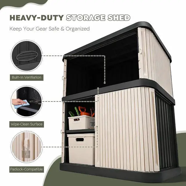 Alt view image 5 of 7 - Outdoor Storage Shed & Cabinet, 2-Tier Large Plastic Storage Shed with Floor, Waterproof, Lockable Tool Shed for Outside Storage in Garden, Patio, Backyard
