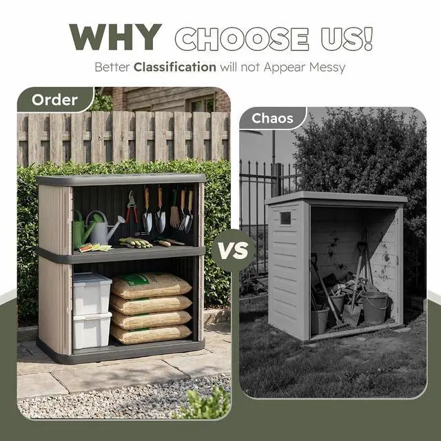 Alt view image 6 of 7 - Outdoor Storage Shed & Cabinet, 2-Tier Large Plastic Storage Shed with Floor, Waterproof, Lockable Tool Shed for Outside Storage in Garden, Patio, Backyard