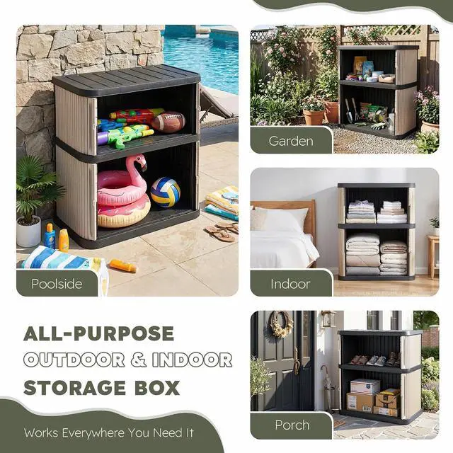 Alt view image 7 of 7 - Outdoor Storage Shed & Cabinet, 2-Tier Large Plastic Storage Shed with Floor, Waterproof, Lockable Tool Shed for Outside Storage in Garden, Patio, Backyard