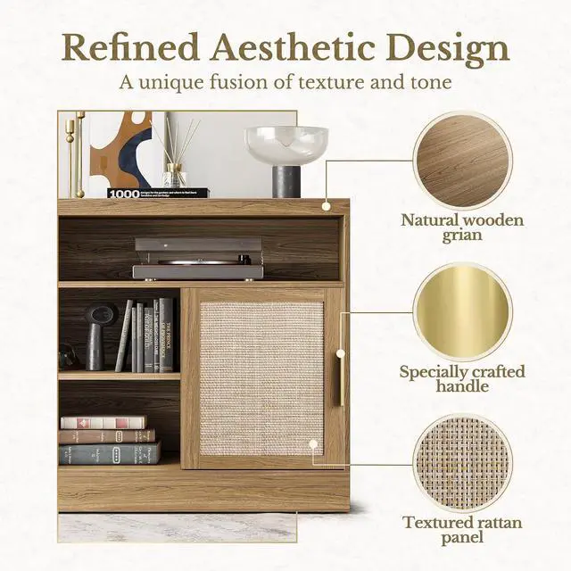 Alt view image 3 of 6 - Rattan File Cabinet with Sliding Door, 32'' Lateral File Cabinet with Open Adjustable Shelves, Wood Filing Cabinet for Home Office, Natural Oak