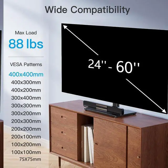 Alt view image 2 of 7 - Universal Swivel TV Stand Legs for 24-60 inch LCD LED TVs, Height Adjustable Television Mount Stand with Tempered Glass Base, Universal VESA Mount 400×400mm, Holds up to 88lbs, PSTVS09