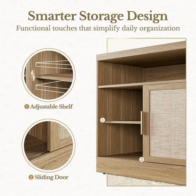Alt view image 6 of 6 - Rattan File Cabinet with Sliding Door, 32'' Lateral File Cabinet with Open Adjustable Shelves, Wood Filing Cabinet for Home Office, Natural Oak