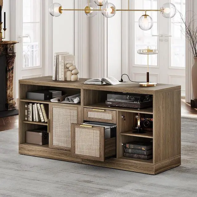 Main image of 63'' File Cabinet with 2 Lockable Drawers, Fluted Wood Filing Cabinet for Home Office with AC/USB, Adjustable Storage Shelves, Fits for Letter and A4 Size, Natural Oak