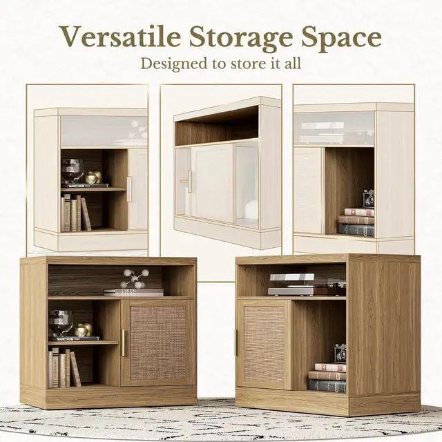 Alt view image 4 of 6 - Rattan File Cabinet with Sliding Door, 32'' Lateral File Cabinet with Open Adjustable Shelves, Wood Filing Cabinet for Home Office, Natural Oak