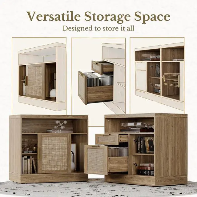 Alt view image 3 of 7 - 63'' File Cabinet with 2 Lockable Drawers, Fluted Wood Filing Cabinet for Home Office with AC/USB, Adjustable Storage Shelves, Fits for Letter and A4 Size, Natural Oak
