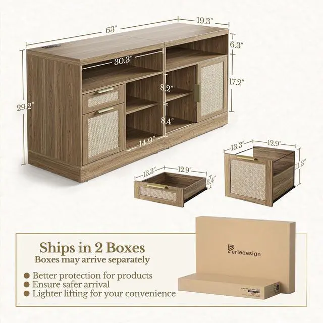 Alt view image 2 of 7 - 63'' File Cabinet with 2 Lockable Drawers, Fluted Wood Filing Cabinet for Home Office with AC/USB, Adjustable Storage Shelves, Fits for Letter and A4 Size, Natural Oak