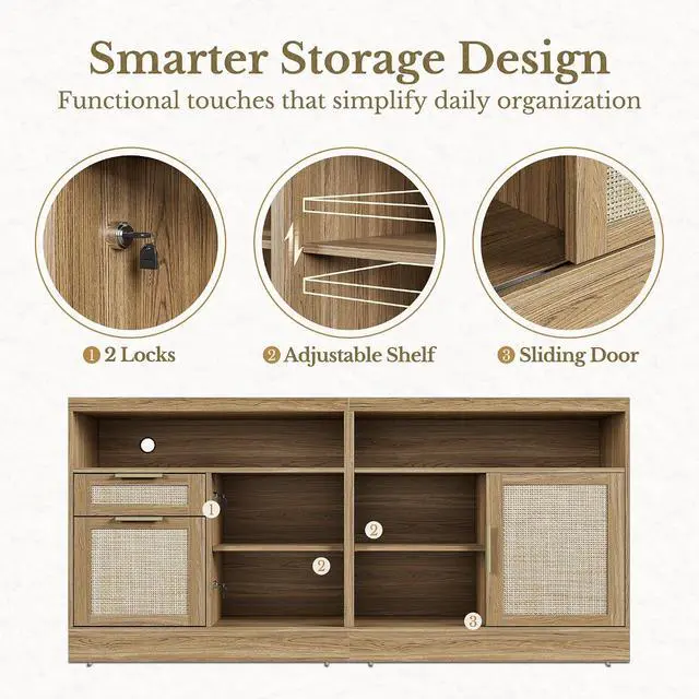 Alt view image 5 of 7 - 63'' File Cabinet with 2 Lockable Drawers, Fluted Wood Filing Cabinet for Home Office with AC/USB, Adjustable Storage Shelves, Fits for Letter and A4 Size, Natural Oak