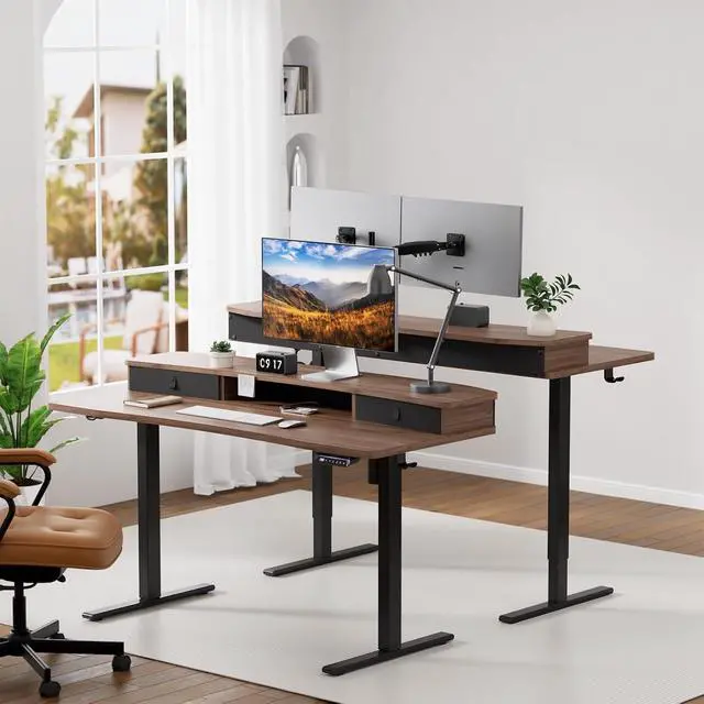 Alt view image 2 of 7 - 55" x 26" Electric Standing Desk with 2 Drawers, C-Clamp Mount Compatible, Height Adjustable Computer Desk, Home Office Stand Up Desk with 4 Preset Heights & 2 Hooks, Walnut
