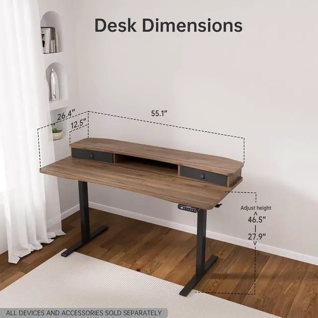 Alt view image 3 of 7 - 55" x 26" Electric Standing Desk with 2 Drawers, C-Clamp Mount Compatible, Height Adjustable Computer Desk, Home Office Stand Up Desk with 4 Preset Heights & 2 Hooks, Walnut