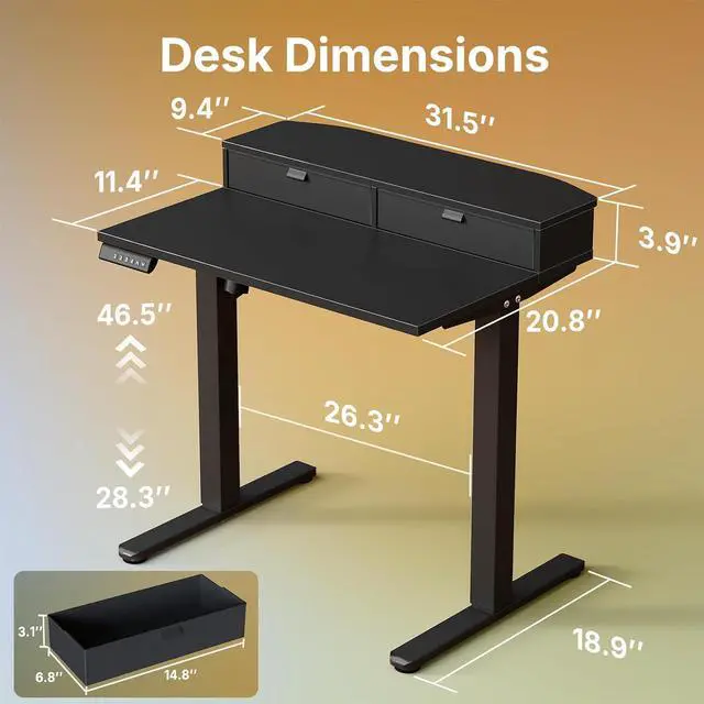 Alt view image 2 of 7 - 32" X 21" Electric Standing Desk with 2 Drawers, C-Clamp Mount Compatible, Height Adjustable Computer Desk, Home Office Stand Up Desk with 4 Preset Heights & 2 Hooks, Black