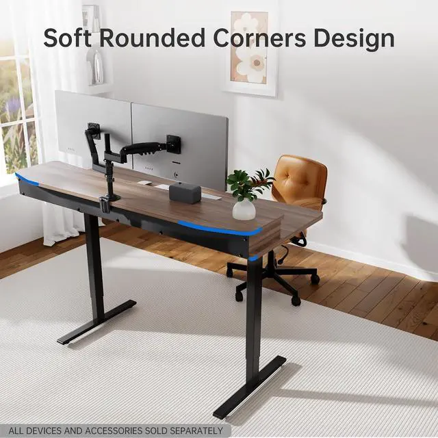 Alt view image 4 of 7 - 55" x 26" Electric Standing Desk with 2 Drawers, C-Clamp Mount Compatible, Height Adjustable Computer Desk, Home Office Stand Up Desk with 4 Preset Heights & 2 Hooks, Walnut
