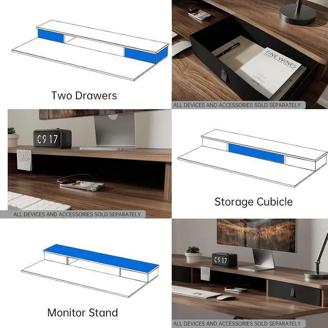 Alt view image 5 of 7 - 55" x 26" Electric Standing Desk with 2 Drawers, C-Clamp Mount Compatible, Height Adjustable Computer Desk, Home Office Stand Up Desk with 4 Preset Heights & 2 Hooks, Walnut