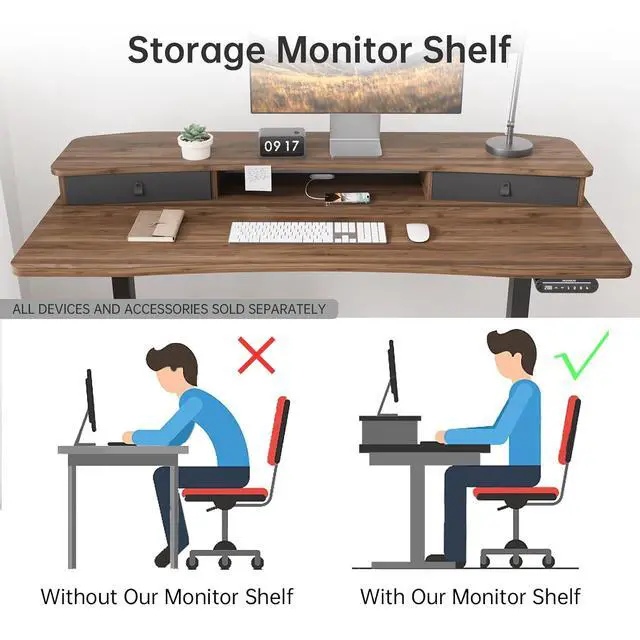 Alt view image 6 of 7 - 55" x 26" Electric Standing Desk with 2 Drawers, C-Clamp Mount Compatible, Height Adjustable Computer Desk, Home Office Stand Up Desk with 4 Preset Heights & 2 Hooks, Walnut