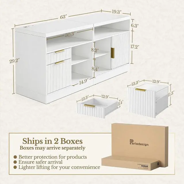 Alt view image 2 of 7 - File Cabinet, 63'' Wood Lateral File Cabinet with Lock, Fluted Filing Cabinet for Home Office with AC/USB, Adjustable Storage Shelves, Fits for Letter and A4 Size, White