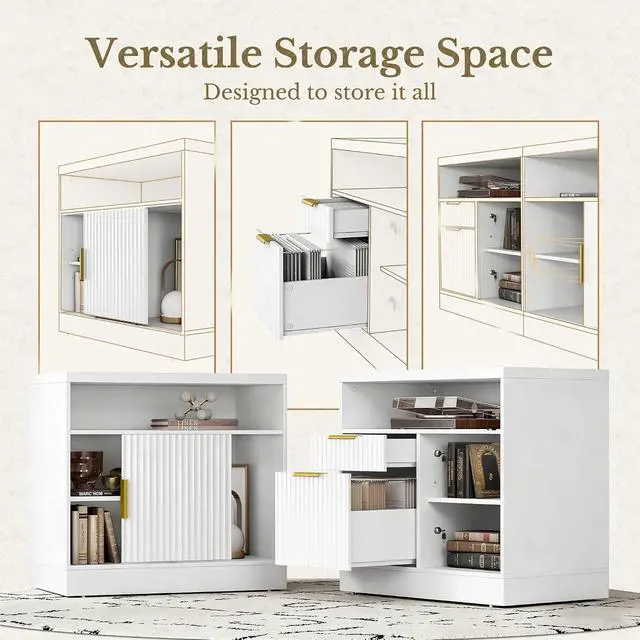 Alt view image 4 of 7 - File Cabinet, 63'' Wood Lateral File Cabinet with Lock, Fluted Filing Cabinet for Home Office with AC/USB, Adjustable Storage Shelves, Fits for Letter and A4 Size, White