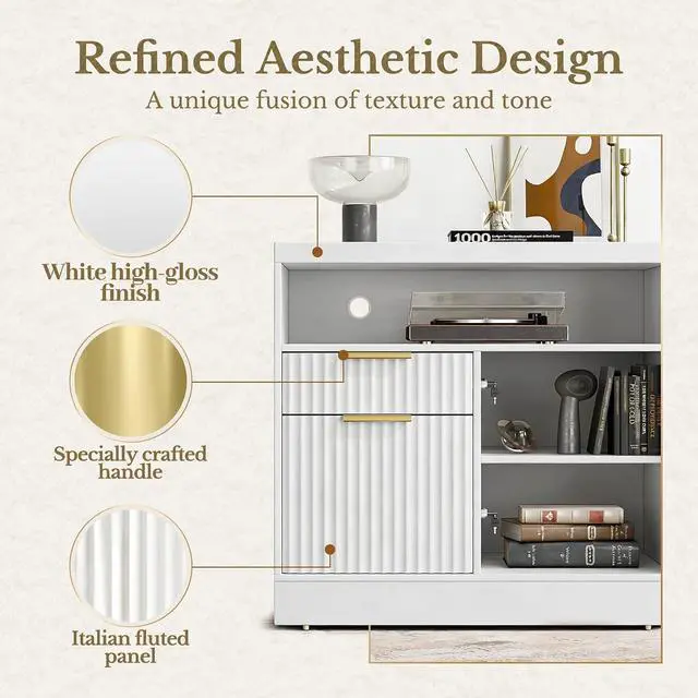 Alt view image 3 of 7 - File Cabinet, 63'' Wood Lateral File Cabinet with Lock, Fluted Filing Cabinet for Home Office with AC/USB, Adjustable Storage Shelves, Fits for Letter and A4 Size, White