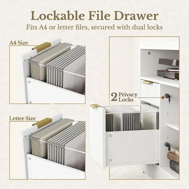 Alt view image 5 of 7 - File Cabinet, 63'' Wood Lateral File Cabinet with Lock, Fluted Filing Cabinet for Home Office with AC/USB, Adjustable Storage Shelves, Fits for Letter and A4 Size, White