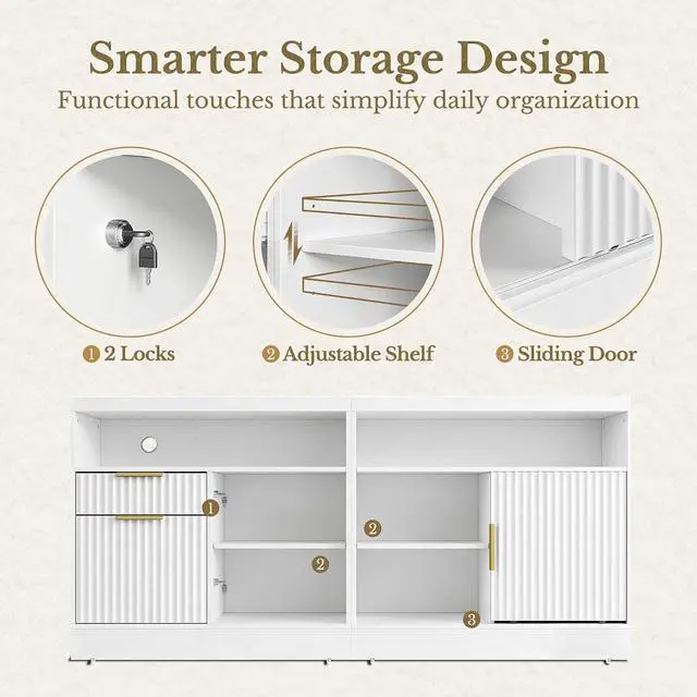 Alt view image 6 of 7 - File Cabinet, 63'' Wood Lateral File Cabinet with Lock, Fluted Filing Cabinet for Home Office with AC/USB, Adjustable Storage Shelves, Fits for Letter and A4 Size, White