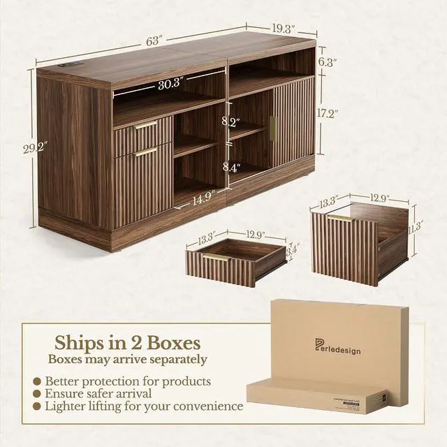 Alt view image 2 of 7 - 2 Drawer File Cabinet with Lock, 63'' Wood Lateral File Cabinet, Compatible Letter and A4 Size, Fluted Filing Cabinet for Home Office with AC/USB, Adjustable Storage Shelves, Black Walnut