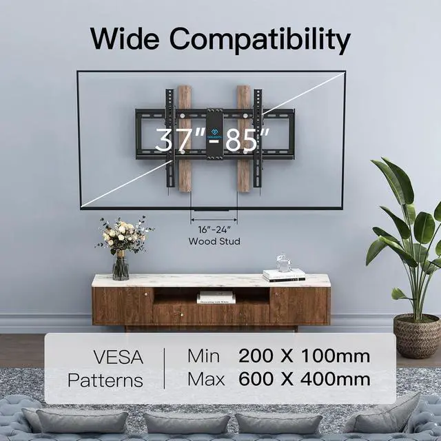 Alt view image 2 of 7 - UL Listed TV Mount for Most 37-85 inch TV, Universal Tilt TV Wall Mount Fits 16- 24 Wood Stud with Loading 132 lbs & Max VESA 600x400mm, Low Profile Flat Wall Mount Bracket PSLTK1