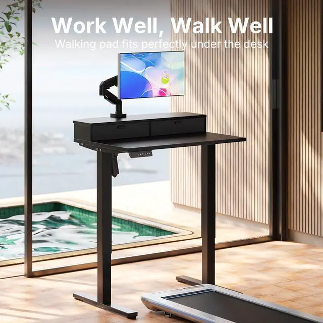 Alt view image 6 of 7 - 32" X 21" Electric Standing Desk with 2 Drawers, C-Clamp Mount Compatible, Height Adjustable Computer Desk, Home Office Stand Up Desk with 4 Preset Heights & 2 Hooks, Black