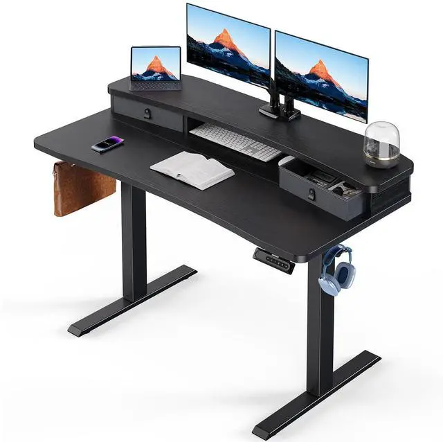 Main image of 48 x 24 Electric Standing Desk with 2 Drawers, C-Clamp Mount Compatible, Height Adjustable Computer Desk, Home Office Stand Up Desk with 4 Preset Heights & 2 Hooks, Black
