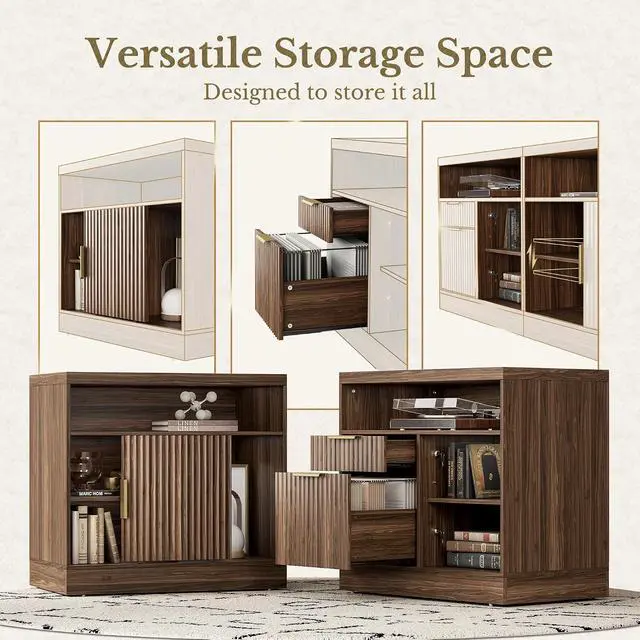 Alt view image 4 of 7 - 2 Drawer File Cabinet with Lock, 63'' Wood Lateral File Cabinet, Compatible Letter and A4 Size, Fluted Filing Cabinet for Home Office with AC/USB, Adjustable Storage Shelves, Black Walnut