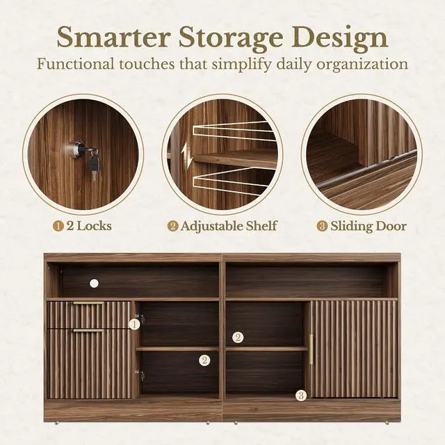 Alt view image 7 of 7 - 2 Drawer File Cabinet with Lock, 63'' Wood Lateral File Cabinet, Compatible Letter and A4 Size, Fluted Filing Cabinet for Home Office with AC/USB, Adjustable Storage Shelves, Black Walnut