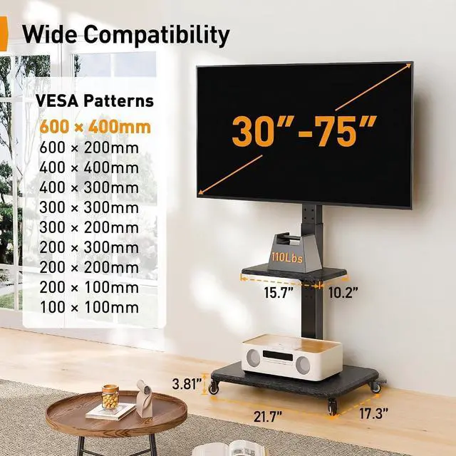 Alt view image 2 of 7 - Rolling TV Stand for 30-75 Inch, Mobile TV Cart Holds up to 110 lbs, Tilt & Height Adjustable Portable TV Stand on Wheels for Bedroom with Shelf, Outdoor TV Stand Max VESA 600x400mm PGTVMC27