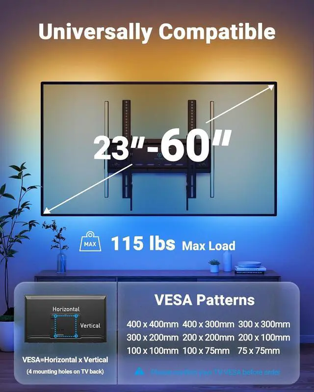 Alt view image 2 of 7 - Tilt TV Wall Mount with LED Light, TV Mount for 2660 Inch TVs up to 115 lbs, Low Profile Backlit TV Bracket with Music Sync, Fits 8/16 Wood Studs, Max VESA 400x400mm, PSTVM74B