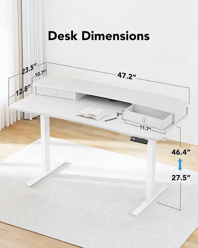 Alt view image 3 of 7 - 48 x 24 Electric Standing Desk with 2 Drawers, C-Clamp Mount Compatible, Height Adjustable Computer Desk, Home Office Stand Up Desk with 4 Preset Heights & 2 Hooks, White