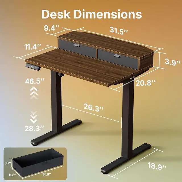 Alt view image 2 of 7 - 32 x 21 Standing Desk with 2 Drawers, C-Clamp Compatible, Walnut