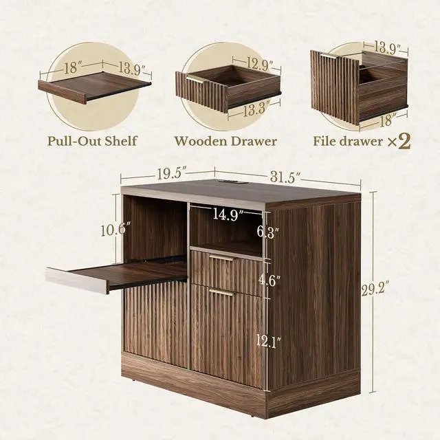 Alt view image 2 of 7 - 3 Drawer File Cabinet, Fluted Wood Lateral Filing Cabinet with Charging Station for Home Office, Fits for A4/Letter-Sized Files, Printer Stand with Open Storage Shelves, Black Walnut