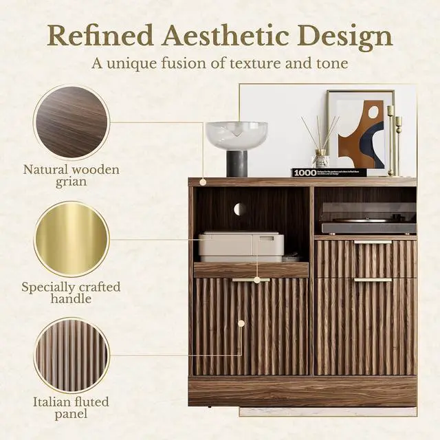Alt view image 3 of 7 - 3 Drawer File Cabinet, Fluted Wood Lateral Filing Cabinet with Charging Station for Home Office, Fits for A4/Letter-Sized Files, Printer Stand with Open Storage Shelves, Black Walnut