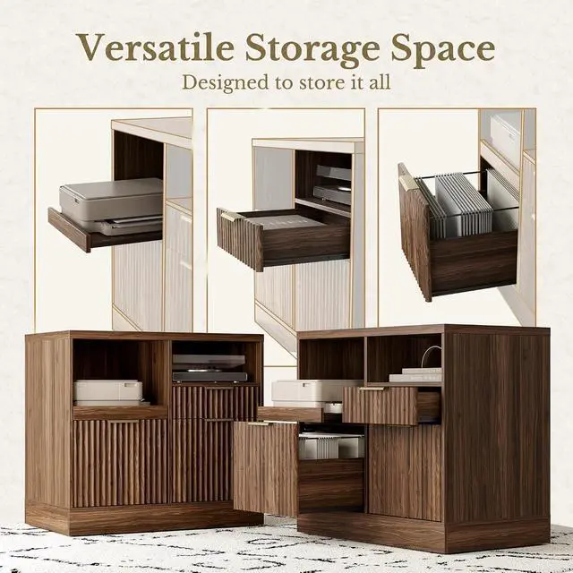 Alt view image 4 of 7 - 3 Drawer File Cabinet, Fluted Wood Lateral Filing Cabinet with Charging Station for Home Office, Fits for A4/Letter-Sized Files, Printer Stand with Open Storage Shelves, Black Walnut