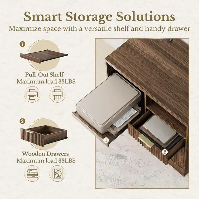 Alt view image 5 of 7 - 3 Drawer File Cabinet, Fluted Wood Lateral Filing Cabinet with Charging Station for Home Office, Fits for A4/Letter-Sized Files, Printer Stand with Open Storage Shelves, Black Walnut