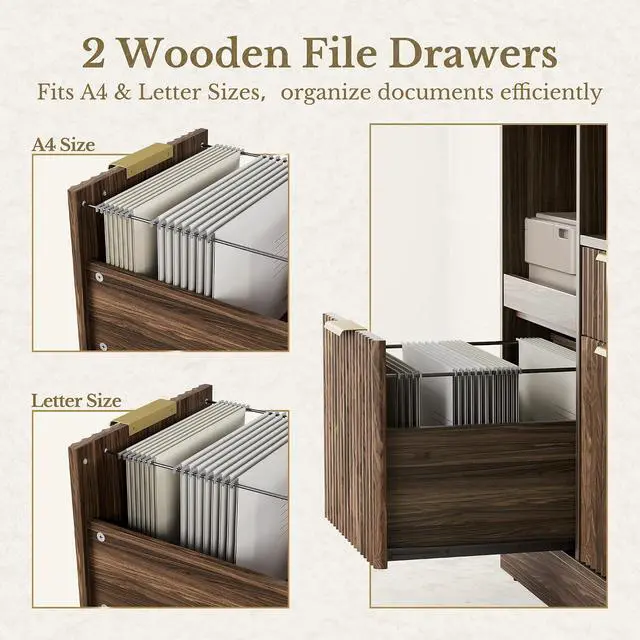 Alt view image 6 of 7 - 3 Drawer File Cabinet, Fluted Wood Lateral Filing Cabinet with Charging Station for Home Office, Fits for A4/Letter-Sized Files, Printer Stand with Open Storage Shelves, Black Walnut