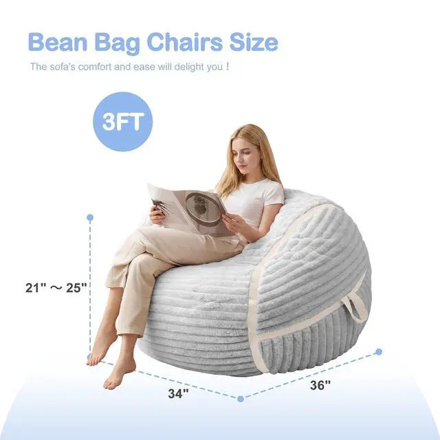 Alt view image 2 of 7 - Bean Bag Chair 3FT Big Bean Bag Chairs for Adults with Memory Foam Filled,3'Beanbag Chair with Soft Faux Fur Cover,Comfy Bean Bag Sofa for Classroom,Living Room,Bedroom-Light Grey&White