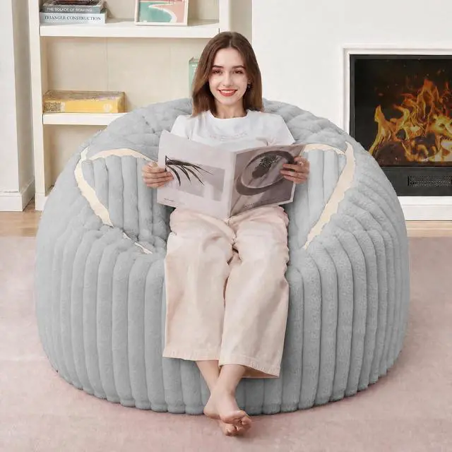 Alt view image 4 of 7 - Bean Bag Chair 3FT Big Bean Bag Chairs for Adults with Memory Foam Filled,3'Beanbag Chair with Soft Faux Fur Cover,Comfy Bean Bag Sofa for Classroom,Living Room,Bedroom-Light Grey&White