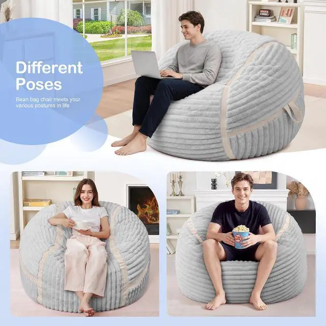 Alt view image 6 of 7 - Bean Bag Chair 3FT Big Bean Bag Chairs for Adults with Memory Foam Filled,3'Beanbag Chair with Soft Faux Fur Cover,Comfy Bean Bag Sofa for Classroom,Living Room,Bedroom-Light Grey&White
