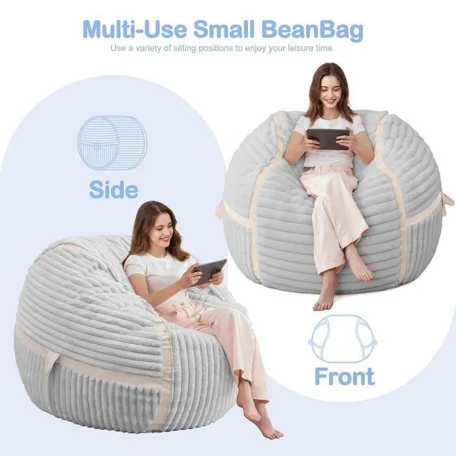 Alt view image 5 of 7 - Bean Bag Chair 3FT Big Bean Bag Chairs for Adults with Memory Foam Filled,3'Beanbag Chair with Soft Faux Fur Cover,Comfy Bean Bag Sofa for Classroom,Living Room,Bedroom-Light Grey&White