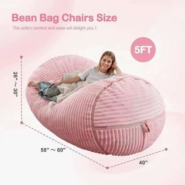 Alt view image 2 of 6 - Bean Bag Chair 5FT Giant Bean Bag Chairs for Adults with Memory Foam Filled,5'Beanbag Chair with Soft Faux Fur Cover,Comfy Bean Bag Sofa Lounger for Living Room,Game Room,Bedroom-Pink