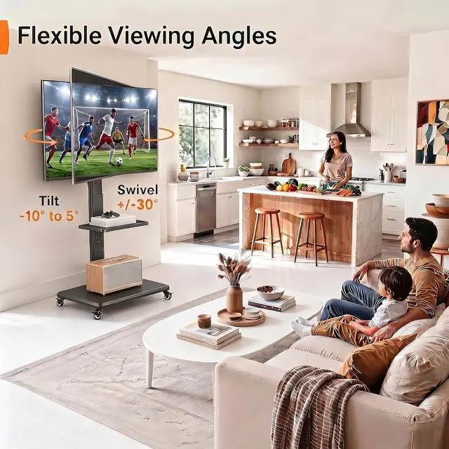 Alt view image 4 of 7 - Rolling TV Stand for 30-75 Inch, Mobile TV Cart Holds up to 110 lbs, Tilt & Height Adjustable Portable TV Stand on Wheels for Bedroom with Shelf, Outdoor TV Stand Max VESA 600x400mm PGTVMC27