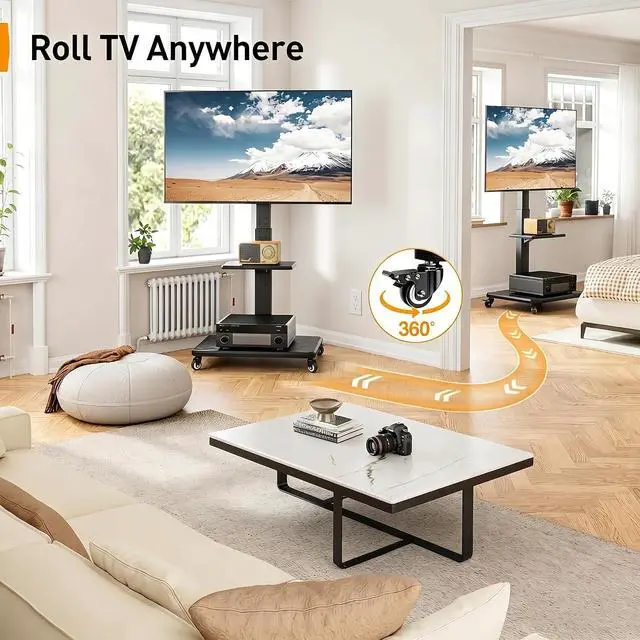 Alt view image 5 of 7 - Rolling TV Stand for 30-75 Inch, Mobile TV Cart Holds up to 110 lbs, Tilt & Height Adjustable Portable TV Stand on Wheels for Bedroom with Shelf, Outdoor TV Stand Max VESA 600x400mm PGTVMC27