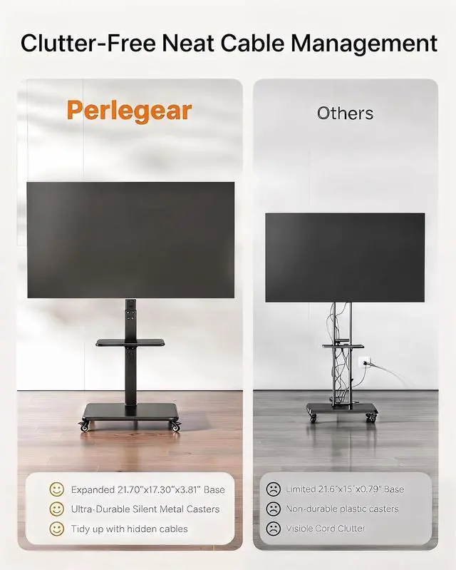 Alt view image 6 of 7 - Rolling TV Stand for 30-75 Inch, Mobile TV Cart Holds up to 110 lbs, Tilt & Height Adjustable Portable TV Stand on Wheels for Bedroom with Shelf, Outdoor TV Stand Max VESA 600x400mm PGTVMC27